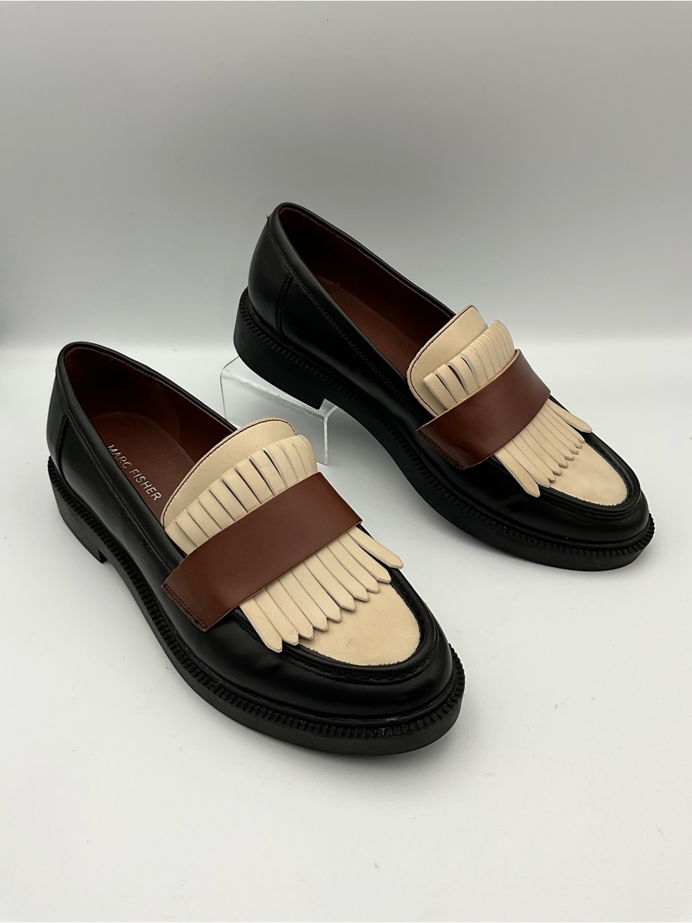 Marc Fisher Loafers Size 8 Black Loafers with Cream Kiltie and Brown Strap